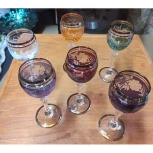 Set of 6 Bohemian‎ Czech Cut to Clear Overlay 5" Cordial Glasses 6 Colors